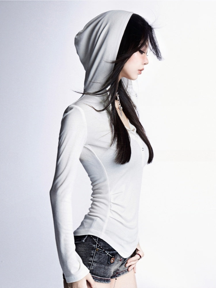 Snap Placket Neckline Sun Protection Hooded Top White Partial