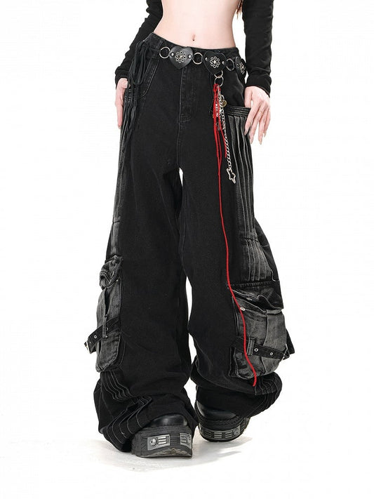 Black Faded Wash Cargo Pockets Loose Wide-Leg Jeans