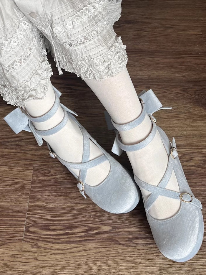 Sweet Accent PU Design Platforms - Blue Wedge Crisscross Lolita Bow
