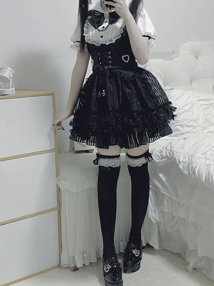 Belt Corset Stripes Skirt Waist Puffy Dress Layered Black Jirai Kei White and Lace-up with Three High