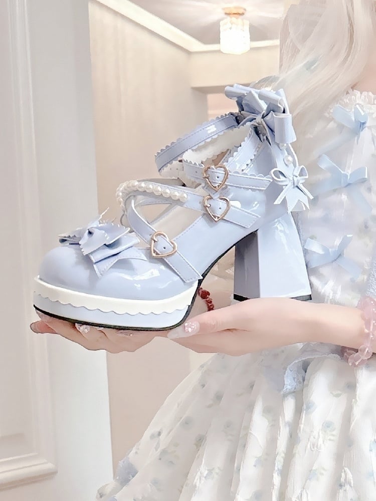 High Style Lolita Details in with Sweet Blue Platform Heels Design Block Bow Crisscross