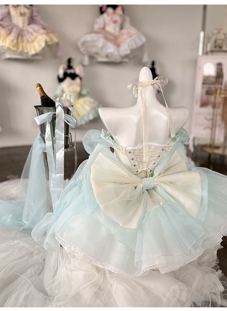Green Bowknots Decoration Bodice Corset Top with and Puffy Skirt Yellow Set Balletcore