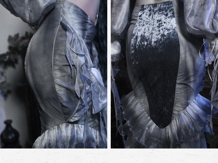 Jupe sirène gothique Corpse Bride bleu poussiéreux à volants et genoux