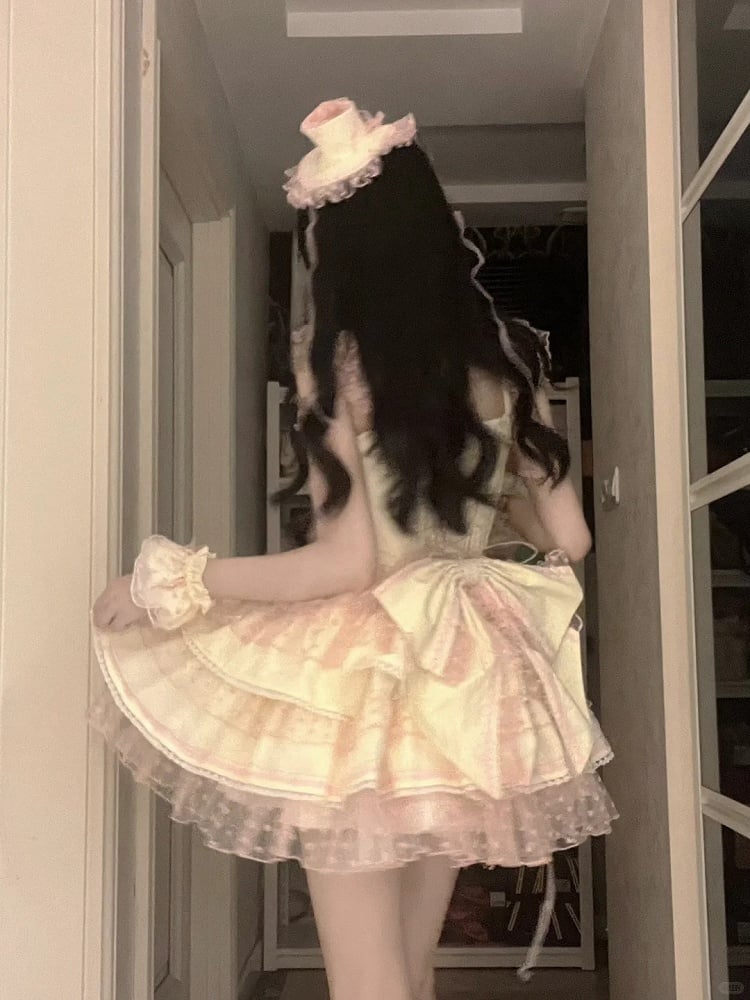 Polka-dot Heart Sweet Ruffled Heart Front Yellow Pink Lolita Dress Pattern