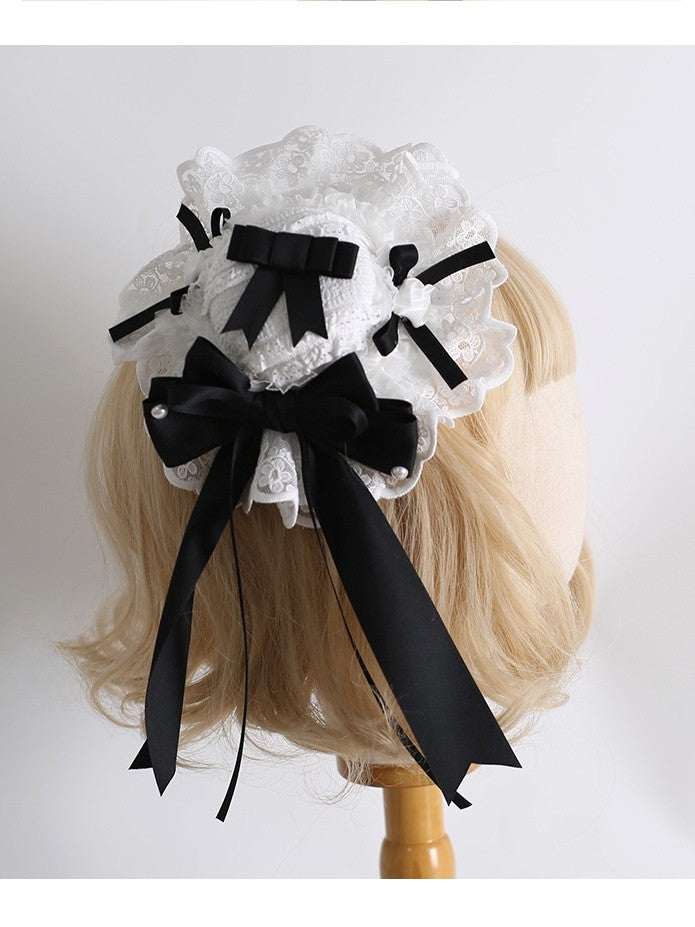 Lolita Bowknot Perlen Spitze Süß Verziert Mini Details Schwarz Weiß Trim Hut
