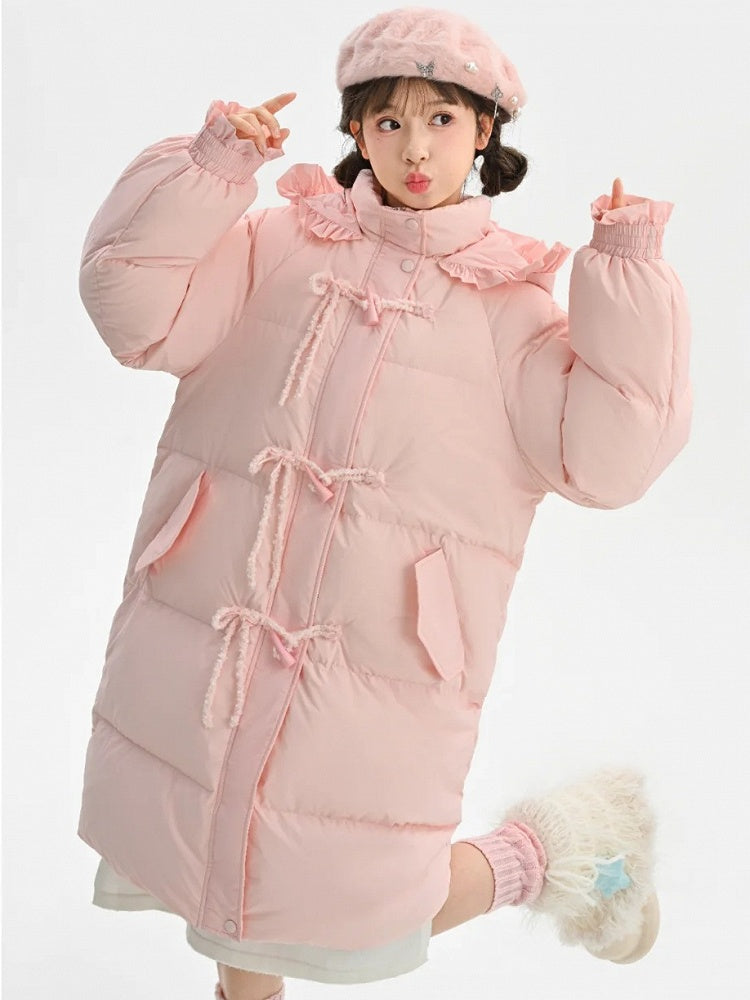 Pink Hooded Down Bowknot Horn Shaped Button Coat