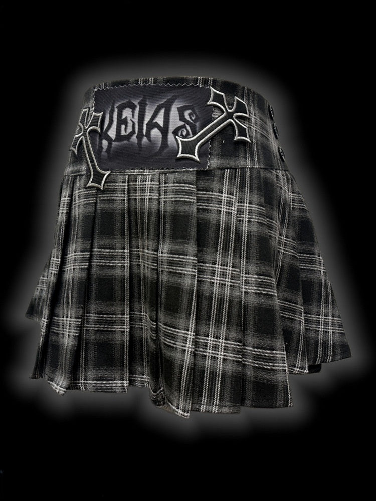 Punk Grey Cross Applique Low Waist Plaid Pleated Mini Skirt with Free Waist Chain