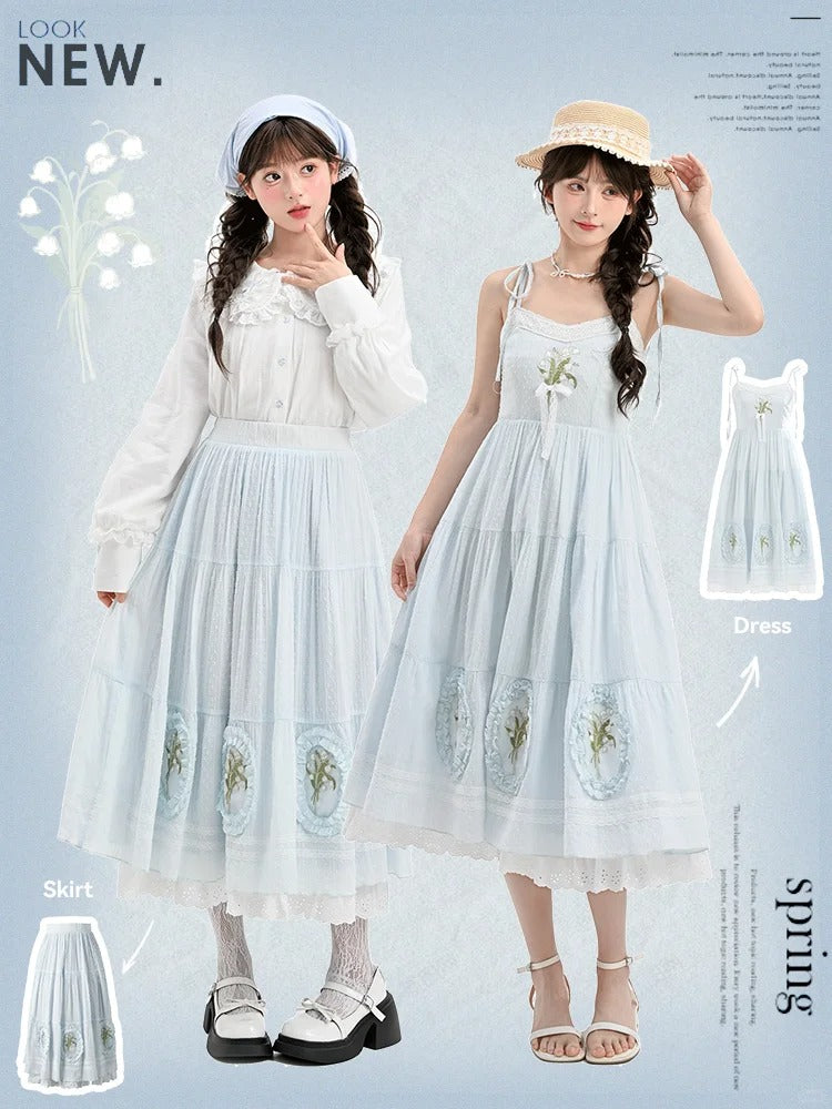 Cami Dress Light Blue Lily of the Valley Embroidered Lace Trim Cutton