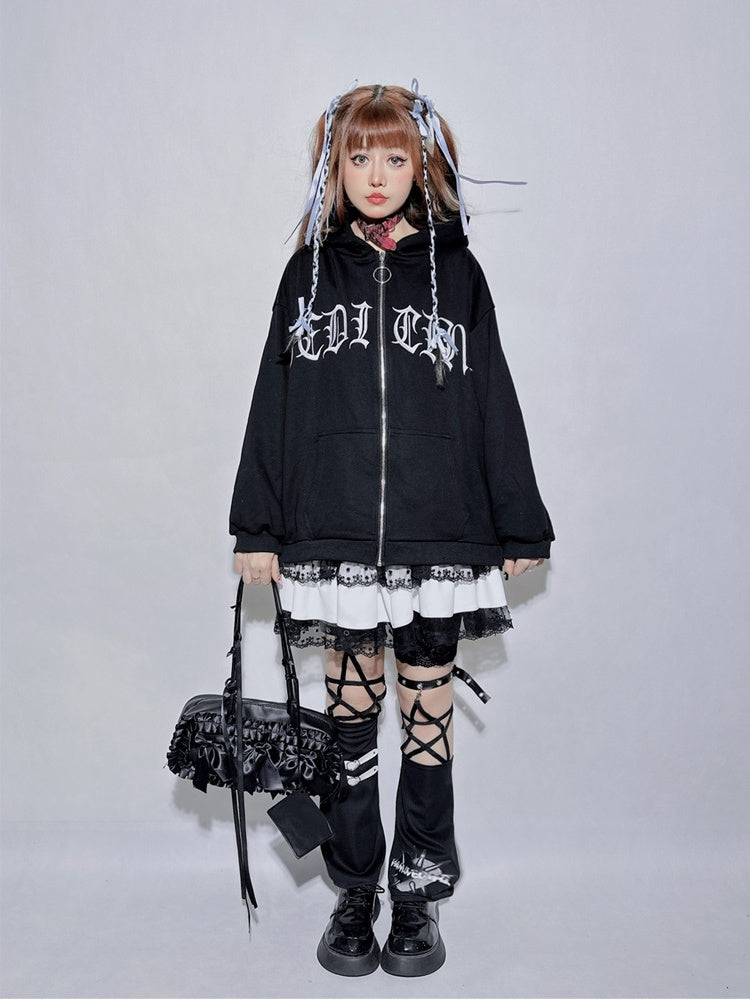 Black Plaid Round Neck Letter Fake Two-piece Sweatshirt