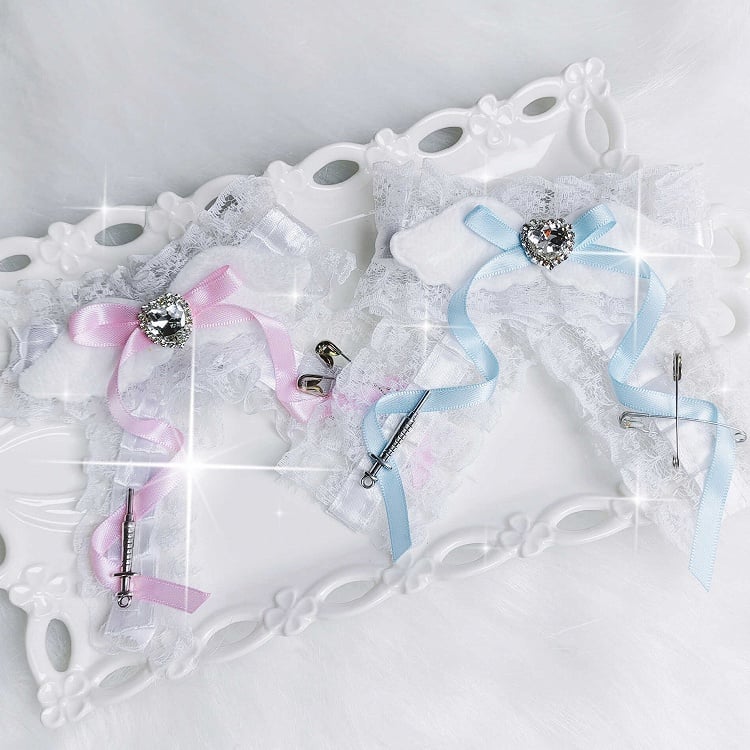 Jirai Kei Fledermausflügel Herz Strass verzierte Schleife Haarspange
