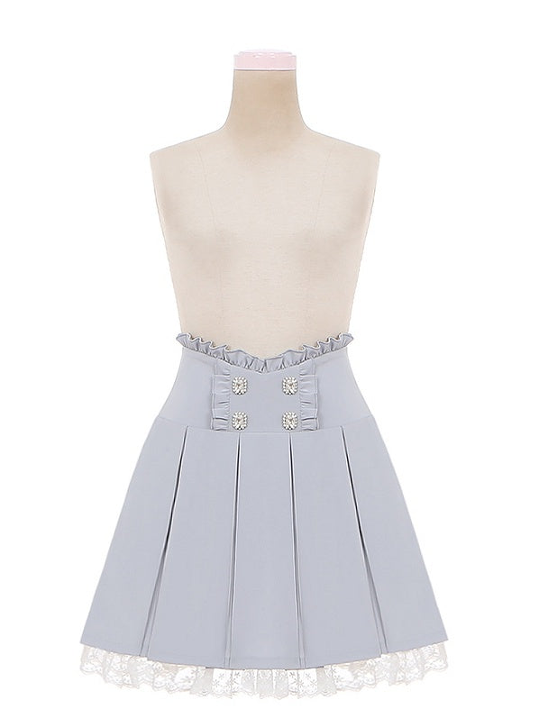Accents Trim Jirai Light Blue Box Pleat Skirt Lace Ruffled Rhinestone Kei