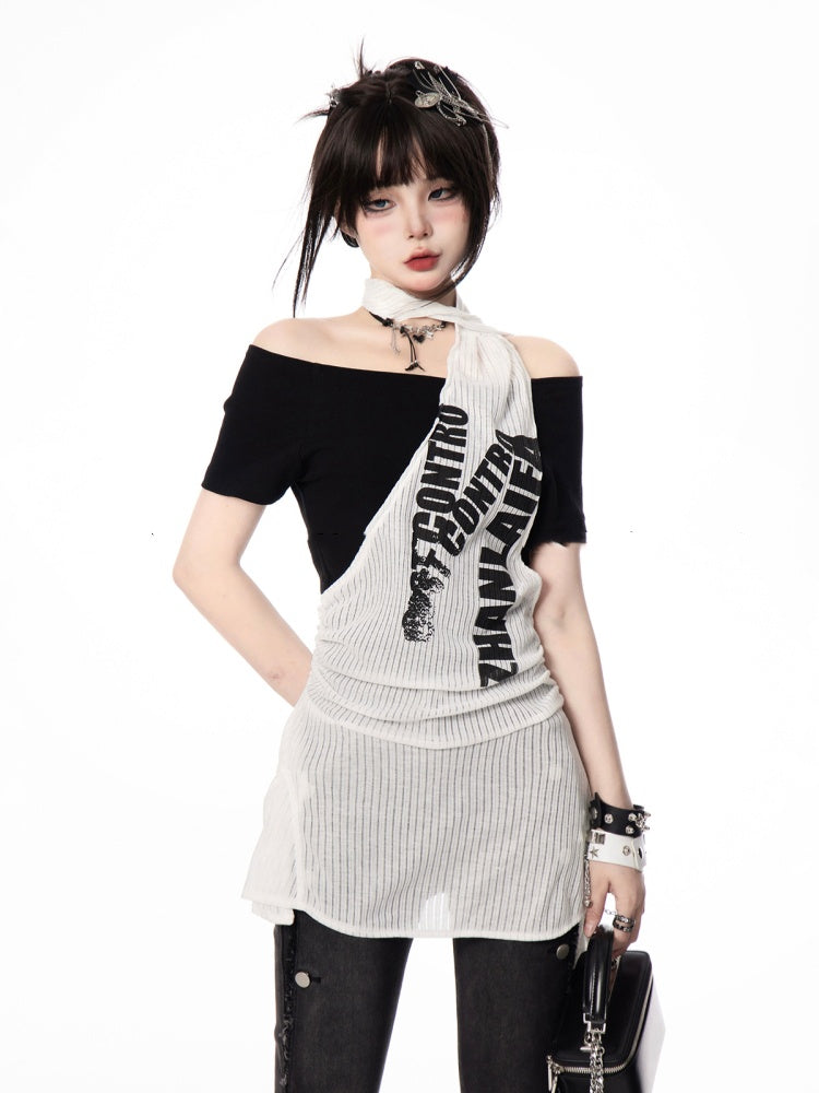 Y2K Black and White Letter Two-pieces Print Halter T-shirt