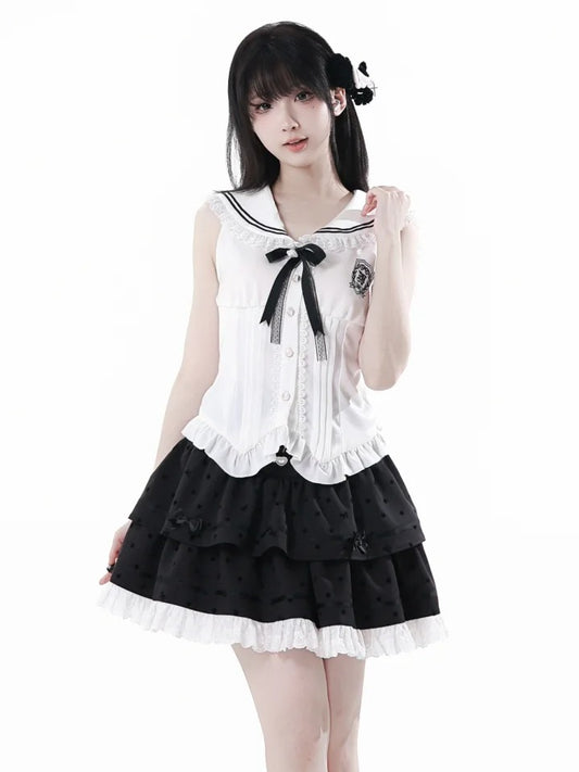 Badge White Sailor Collar Curved Hem Sleeveless Top and Bowknot with Detachable