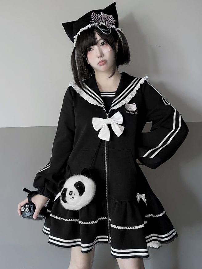 Embroidery Zip Kitty Jirai Kei Collar Dress Black Landmine Style Sailor Closure