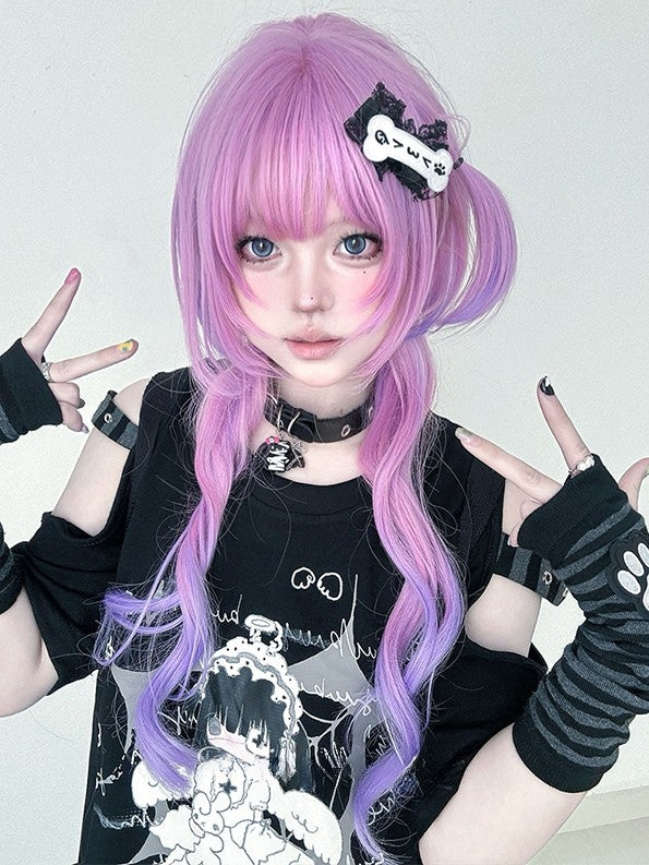 Wig Hime Color Ombre Hair With Bangs Wavy Cut Length 72CM Pink-Purple Air