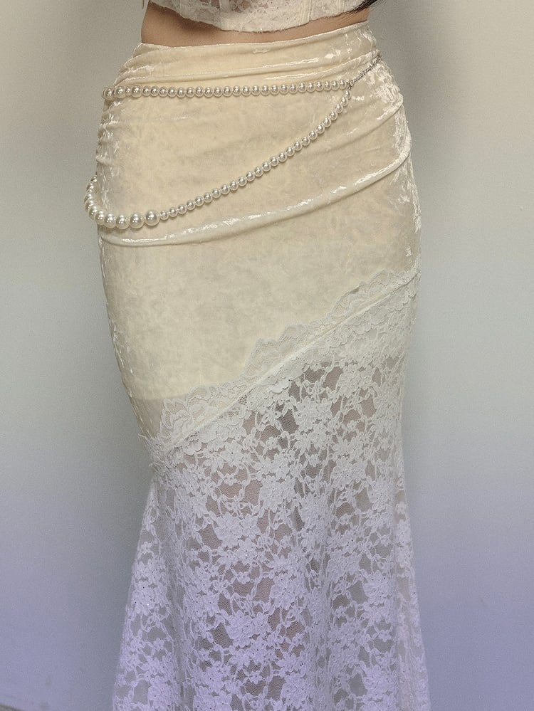 Aprikosenfarbener Meerjungfrauenrock mit hoher Taille und Patchwork-Spitze