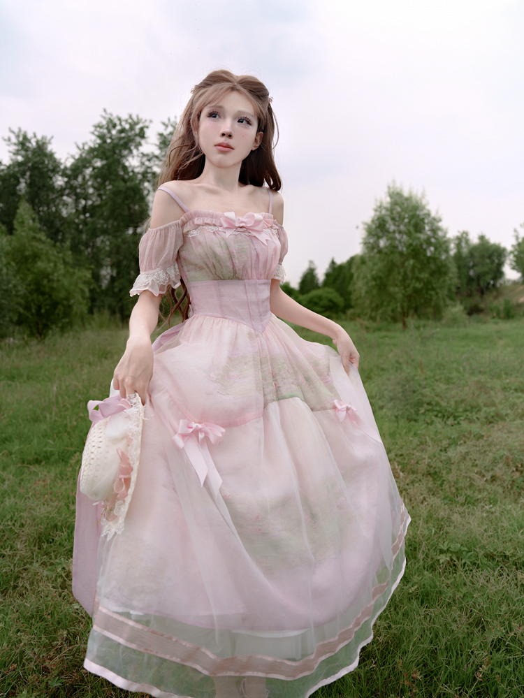 Painting Dress with Organza Overlay Oil Pink Water Lily Print Basque Waist Light