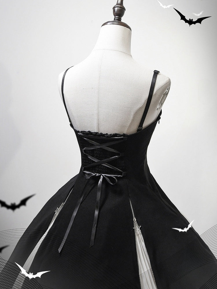 Waist Thin Shoulder Lolita Straps Gothic Fit Slim Dress Black