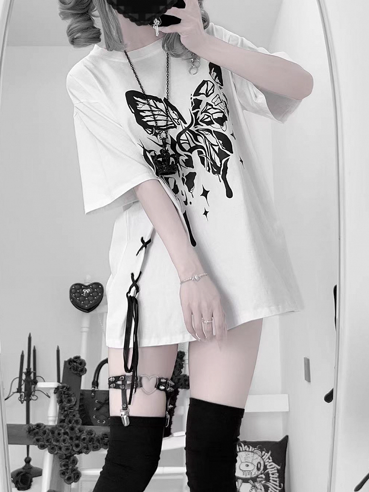 Kei T-shirt Jirai Broken Butterfly Print Lace-up Side Black/White