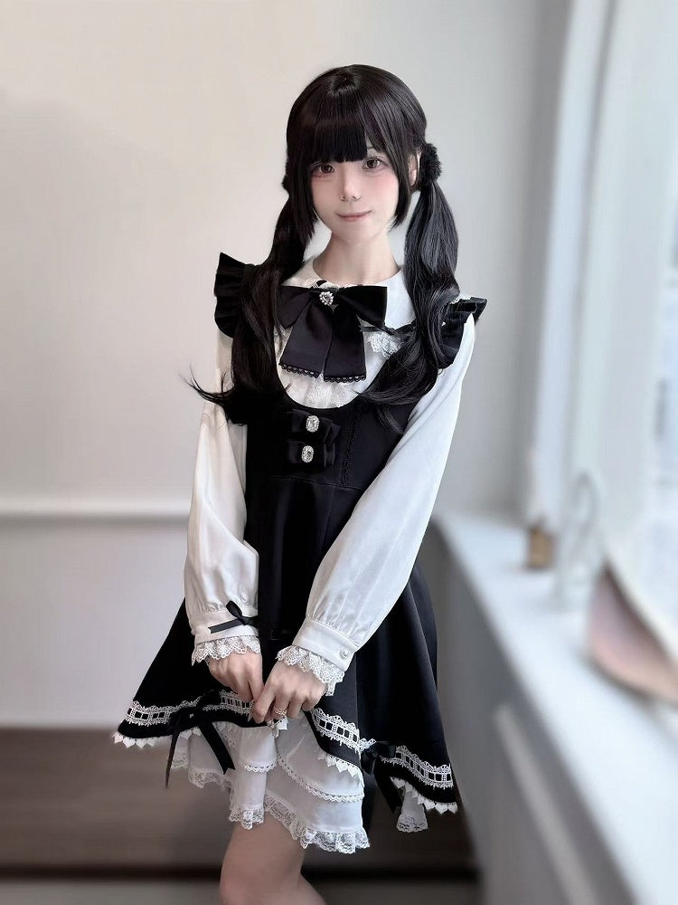 Tiered Jirai Kei Black Skirt with Bowknots on Overall Dress Hem