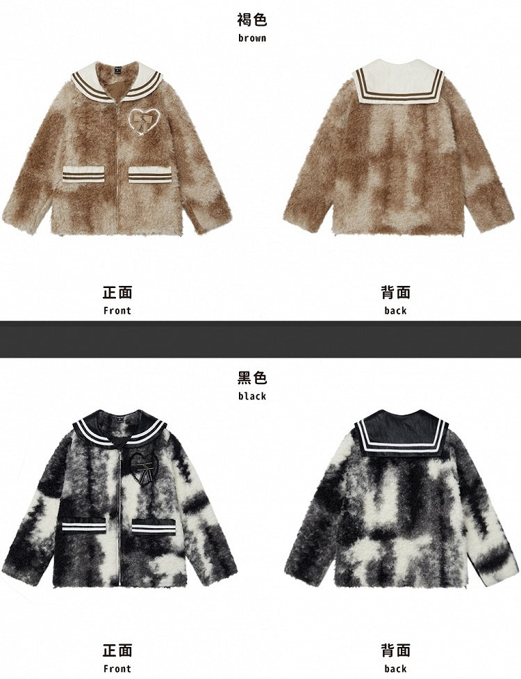Black/Brown Sailor Collar Bowknot Details Fleece Jacket