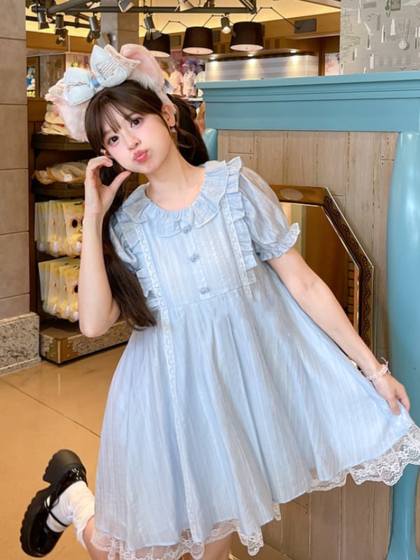 Dress Light Blue Ruffle Collar Puff Sleeves Sweet