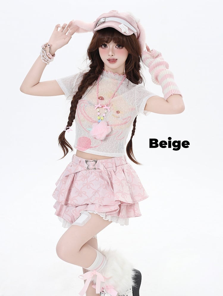 Cropped Beige/Light Pink Yume T-Shirt Adorable Animal Print Semi-sheer Kawaii