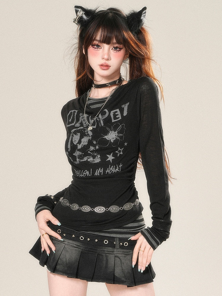 Print Letter Long Black Sleeves And Bittersweet Top Cartoon