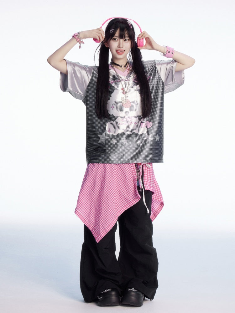 Patchwork Wide-leg Casual Pants Plaid Waist Drawstring Cuffs Black