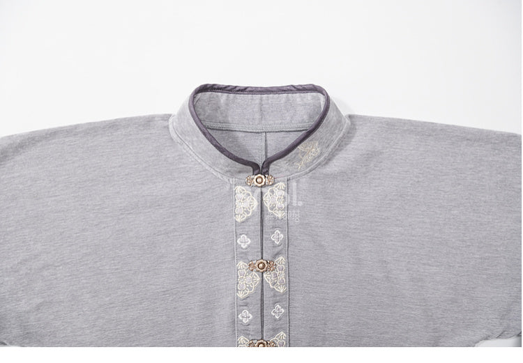 Grey Cheongsam Style Banded Collar Long Sleeves Top