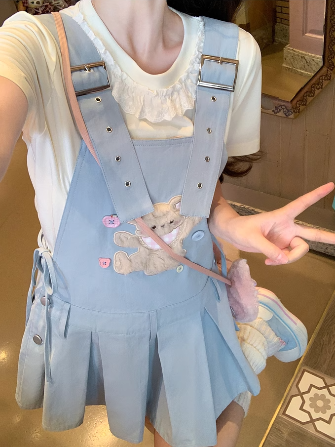 Adjustable Plush Bear Applique Blue Box Pleat Overall Dress Straps Shoulder