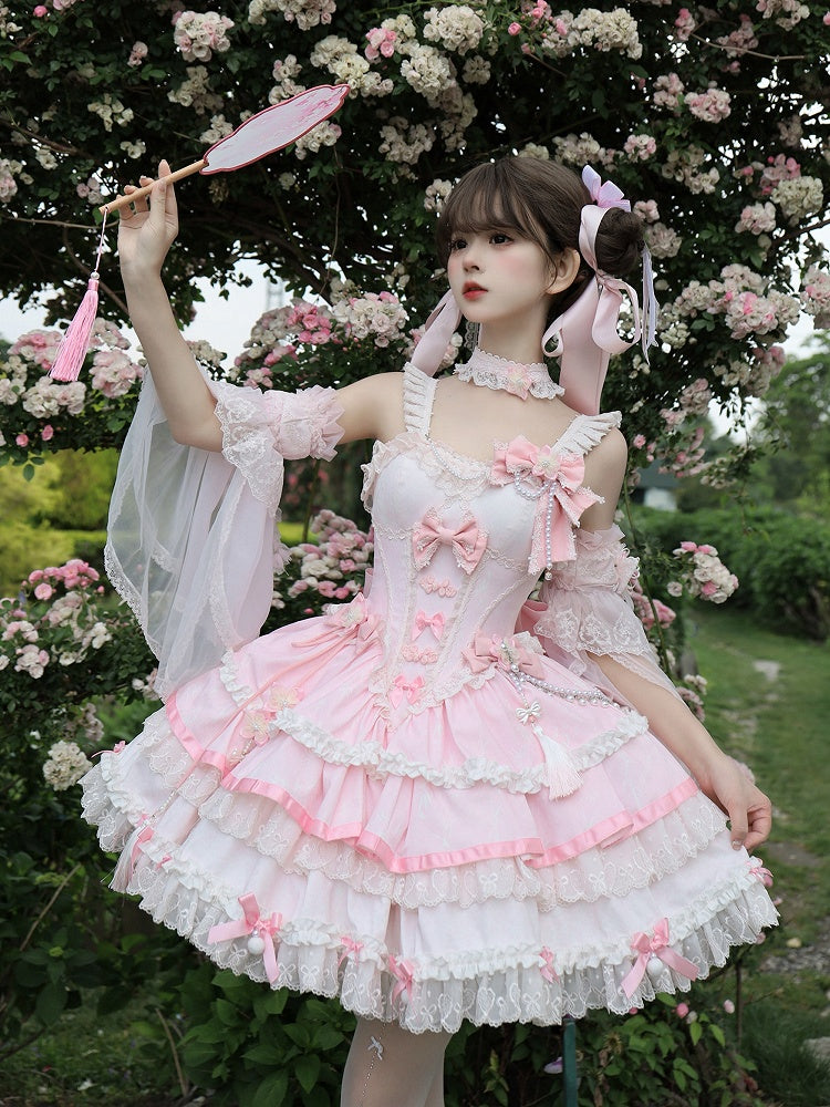 Dress Lolita Accents Chains Bead Pink Waist Flower and Corset Bow Qi