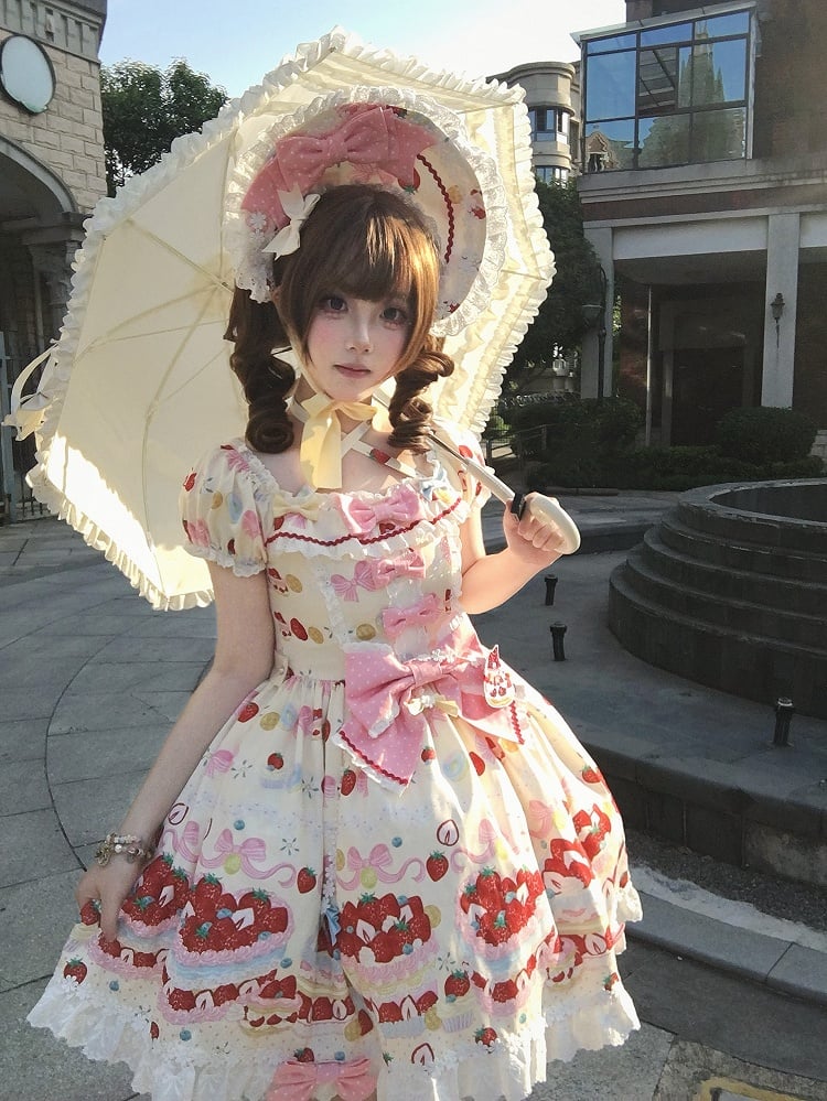 Lolita Short One White Sleeves Piece Sweet Dress Creamy Strawberry Print Cute Cake