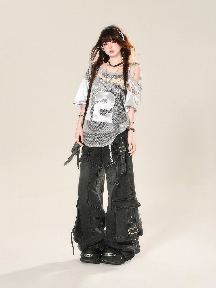 Gray Cutout Shoulder Embroidered Sports T-Shirt with Lace-up Detail