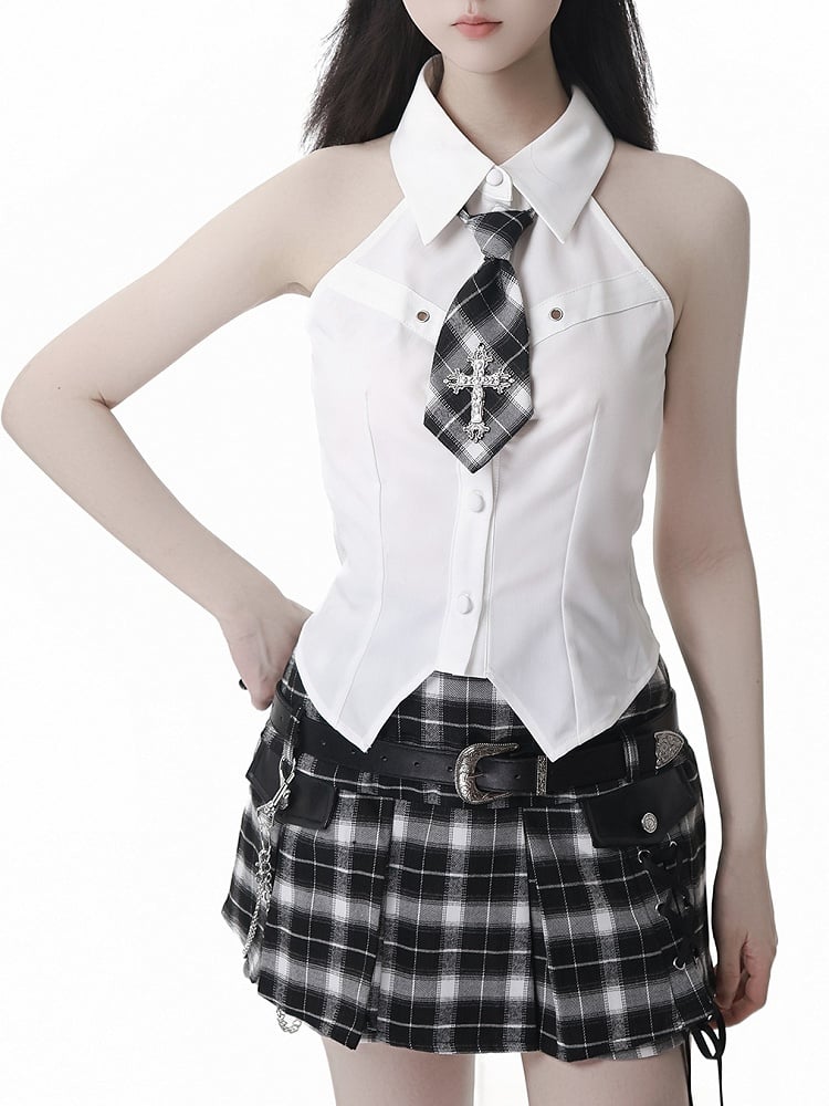 Y2K Lace-up Black Detail Plaid Skort with Buckle Belt and Chain White/ Khaki
