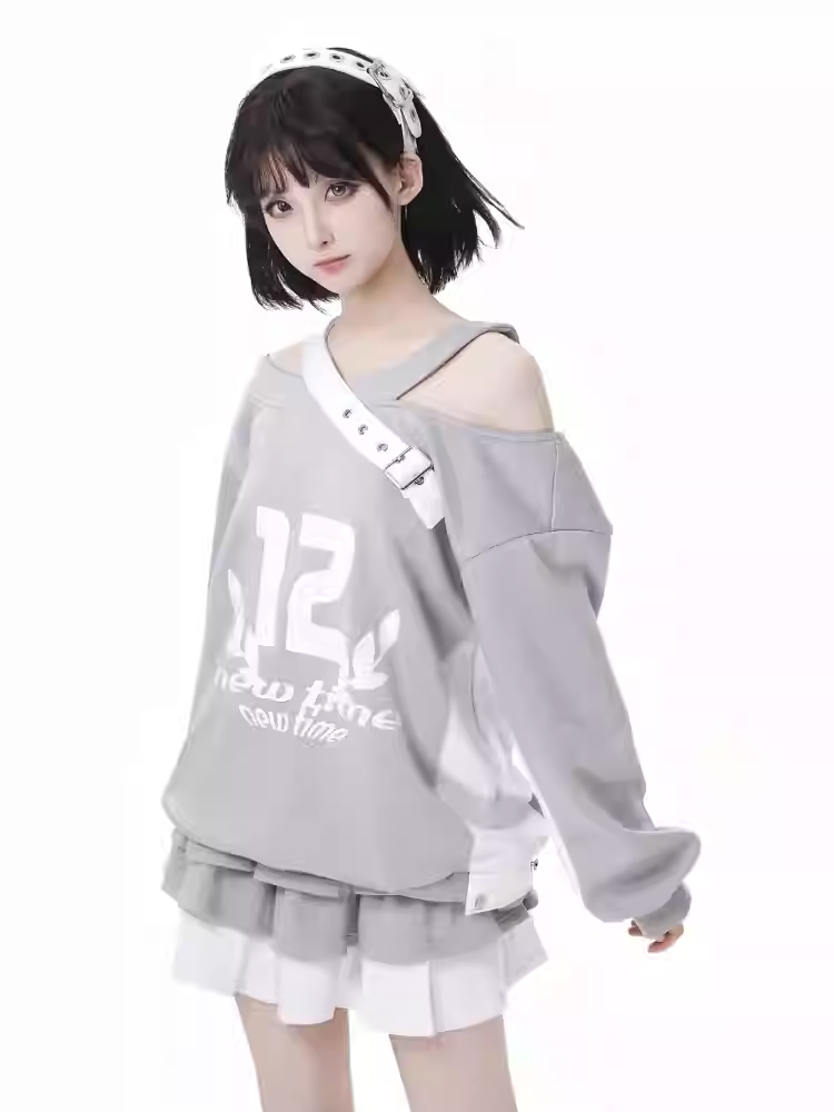 Design Colorblock Gray White Asymmetrical Neckline Cutout Shoulder Spring Sweatshirt