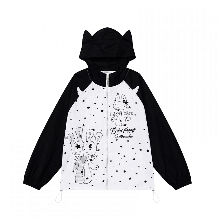 Design Hood Ears Kitty Colorblock Zip-up Jacket Cartoon Print Black/Green