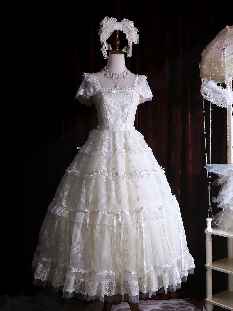 Beads Bow Creamy Princess Accents White Neckline Ribbon Dress Lolita