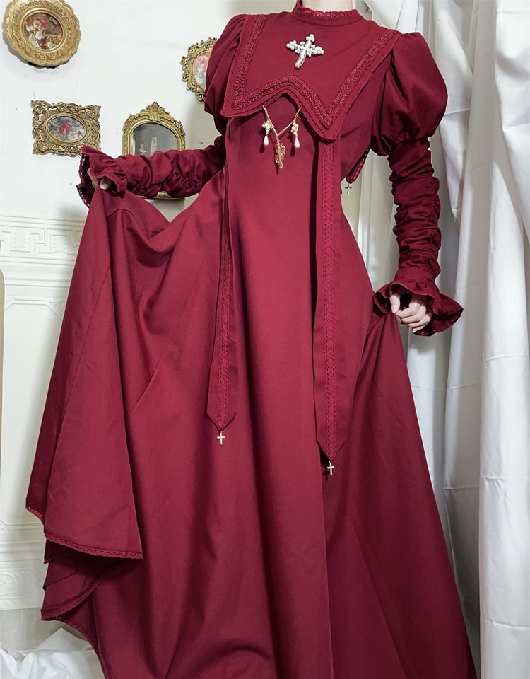 Wein Nonne Outfits Halloween Kleid Ärmel Kreuz Lolita Sammeln Stickerei Rot Juliette