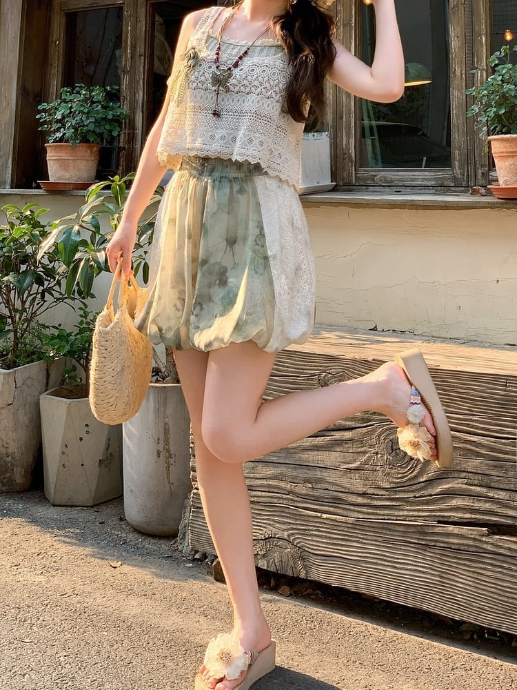 Shorts Dye Lace Waist Mori Kei Green Elastic Side Patches Tie