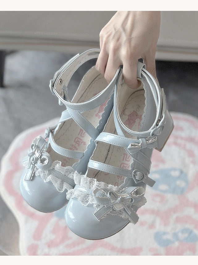 Blue at Heart Lace Top Patch Mid Heels Bow Ruffles Lolita