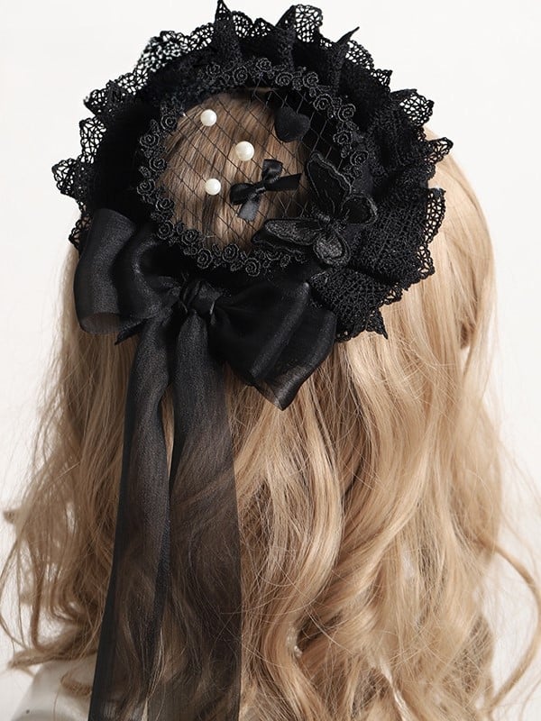 Lolita Bow Hat with Mesh Mini and Bead White/Yellow/Black Embellishments