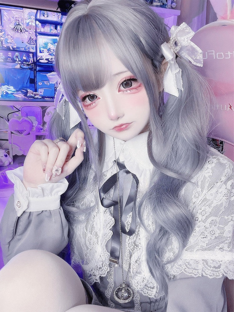 65CM With And Ombre Air Wavy Length Wig Gray Bangs Blue