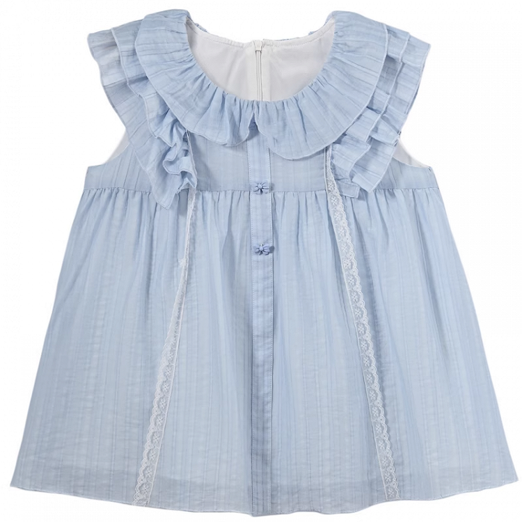 Sweet Tank Top Blue Peter Pan Collar Tiered Flutter Sleeves Bow Buttons