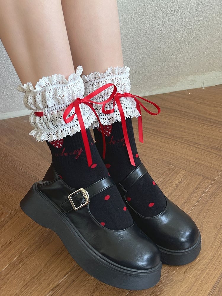 Strawberry Details Lace Socks Sweet White/Black Trim Bowknot Calf
