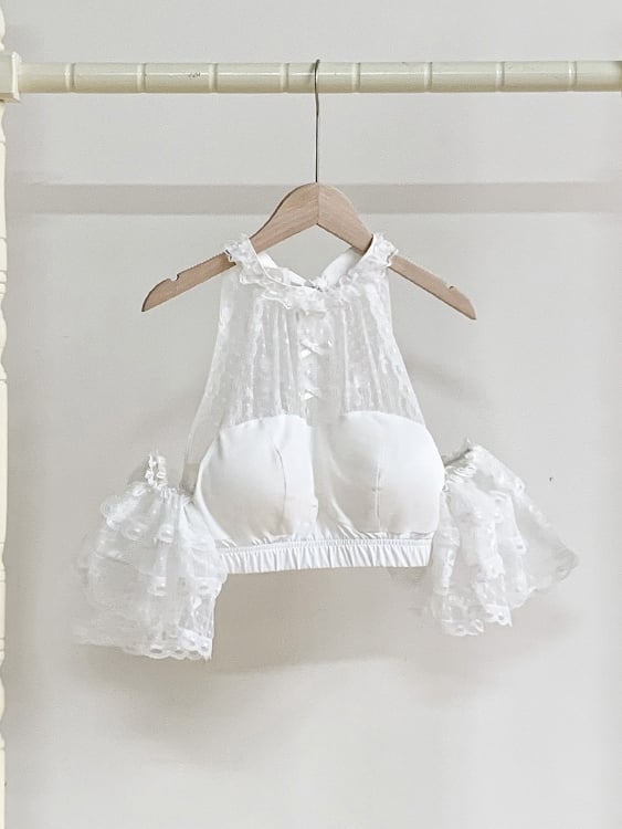 Halter White Flutter Sleeves Top Detachable Neck with Lace Cropped
