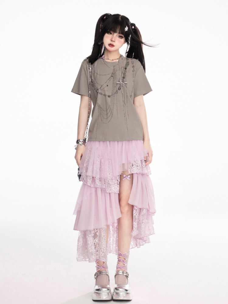 Gray Round Neck Rhinestone Chains Vintage T-Shirt
