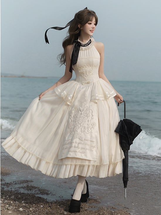 Lolita Halter Creamy Detail Embroidery Classic Delicate Backless Neck Dress