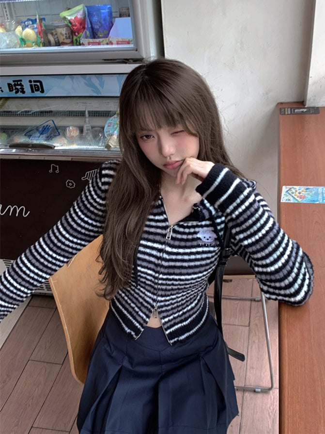 Black Pattern Stripe Hooded Cardigan / Pink