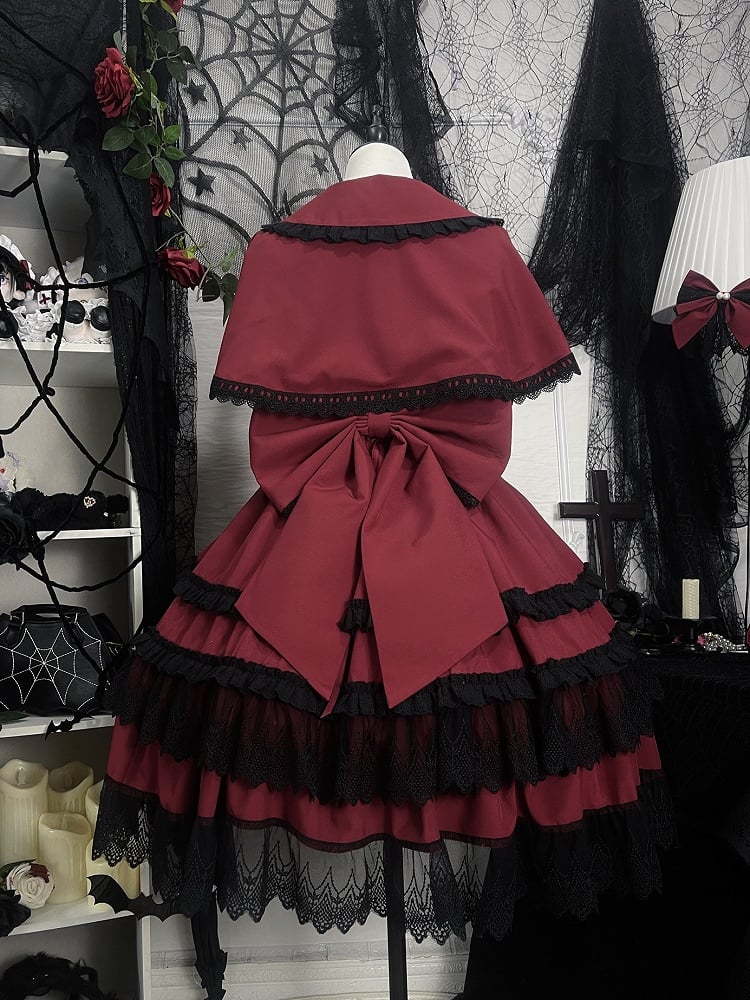 赤と黒のオールドスクールロリータファッションドレス蝶結びJSKセット